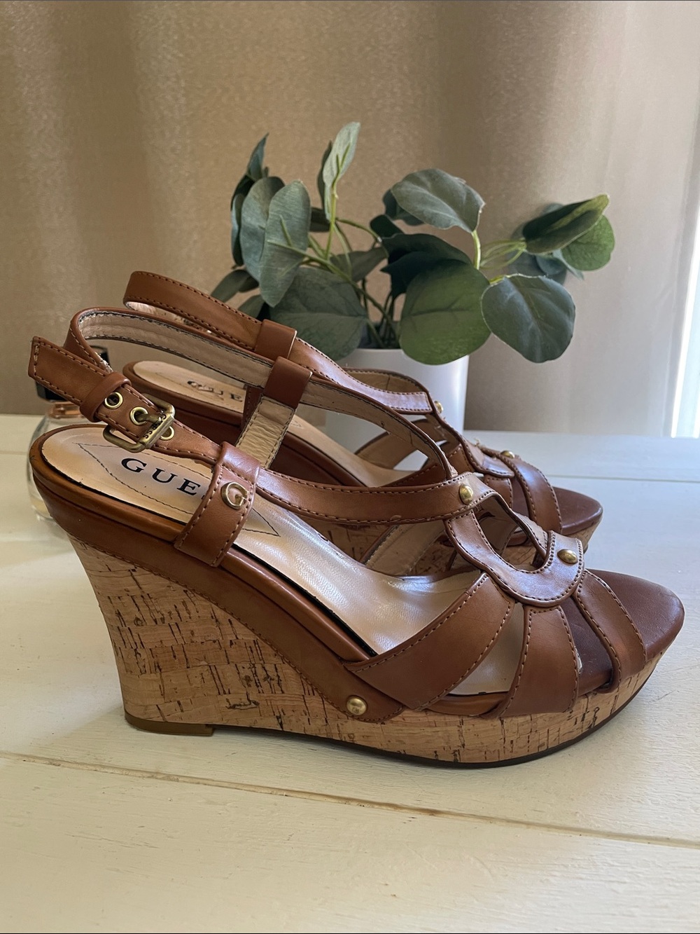 GUESS Tan Leather Cork Wedge Sandals